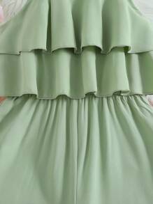 SHEIN Vintaside Kids Tween Girl Solid Color Ruffle Detail Belted Jumpsuit With Straight Leg Summer Holiday - Green - View 6