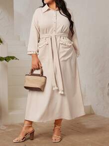 Mulvari Plus Size Button Half Placket Fringe Hem Tassel Dress - Apricot - View 3