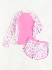 Tween 女童植物印花拼接泳衣套装，长袖泳衣沙滩装防晒衣夏季度假 - 彩色 - 查看 2