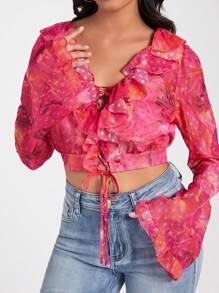 Forever 21 Của phụ nữ In hoa Vá lại Áo sơ mi Với Xù Hoa Sen Và Chuông - Nhiều màu - Xem 6