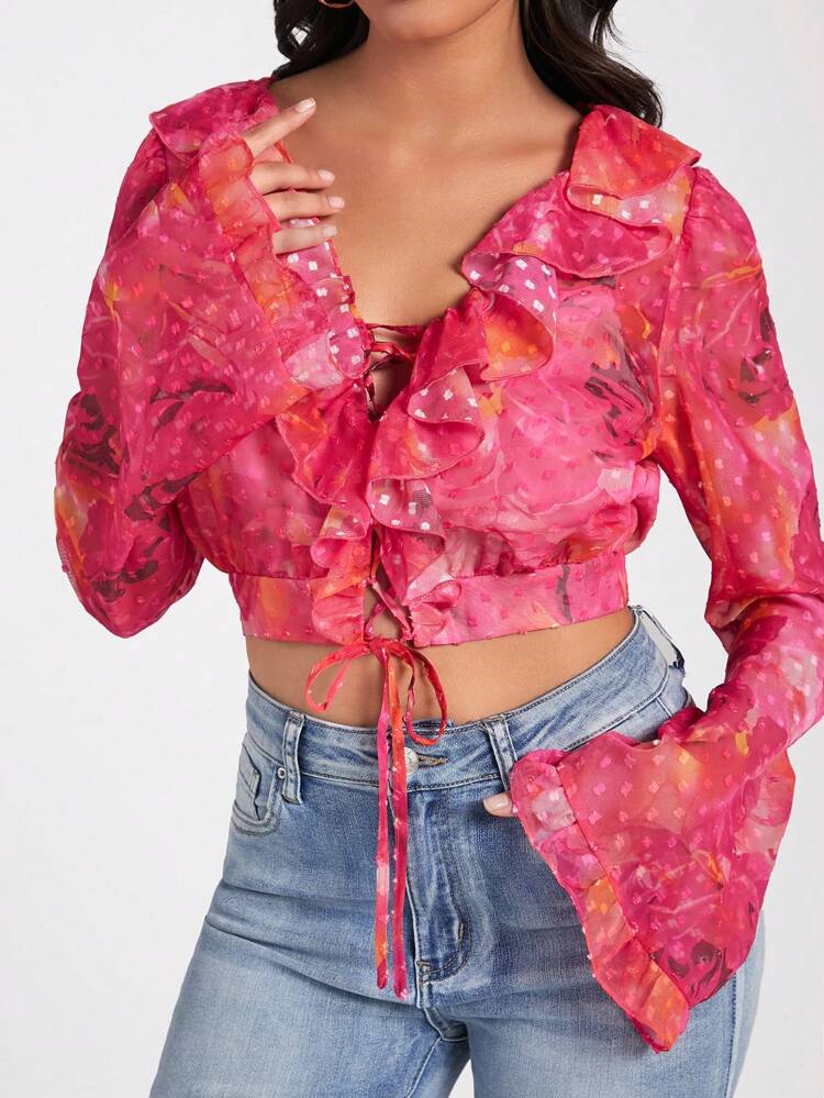 Women's Floral Print Patchwork Shirt With Ruffle Hem And Bell Sleeves