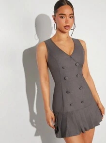 SHEIN Unity Double Breasted Pleated Hem Sleeveless Mini Dress - Black - View 2