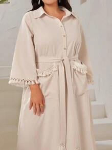 Mulvari Plus Size Button Half Placket Fringe Hem Tassel Dress - Apricot - View 4