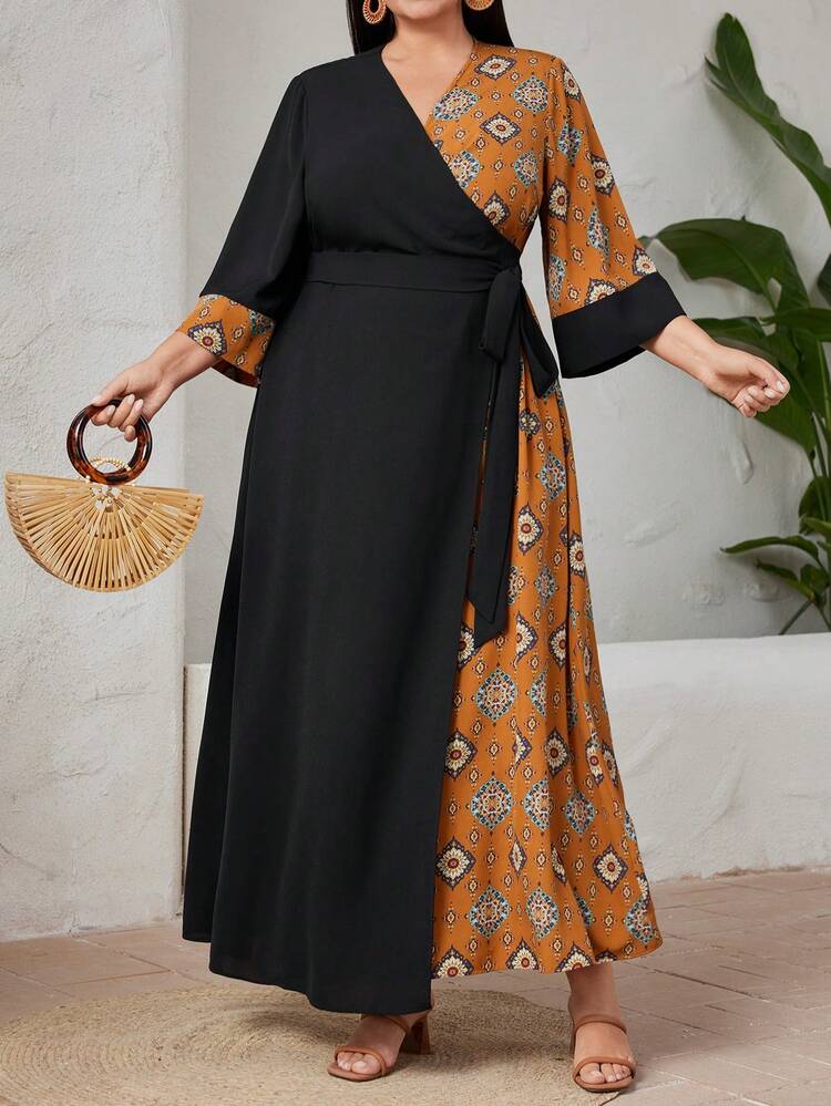 Plus Size Color Block And Printed Splicing Wrap Belted Dress