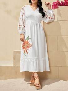 Mulvari Robe Grande Taille Pour Femme À Manches Lanterne Et À Col V Imprimé Floral