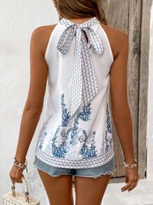 SHEIN LUNE 女士印花綁頸上衣 - 藍色 - 查看 2