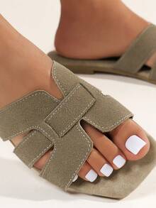 女士時尚夏季卡其色方頭仿麂皮涼鞋,舒適平底鞋,適合海灘、旅行和派對 - 卡其色 - 查看 5