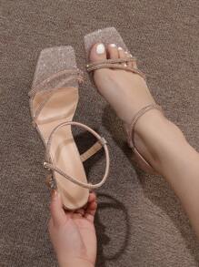 Sandalias de tacón alto con tiras de rhinestones para mujer, de estilo sexy, de tacón y fresco, de punta cuadrada, para el verano o el Día de San Valentín