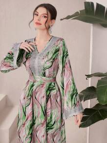 Al Najma Vestido De Manga Larga Con Cuello En V Acanalado Y Estampado De Plantas Para Mujer