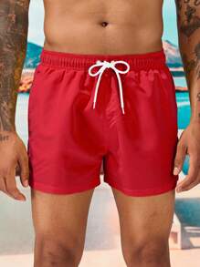 Manfinity Swimmode Men's Drawstring Waist Patch Pocket Beach Shorts Summer Swimming,Surfing,Beach,Hawaiian - Red - View 3