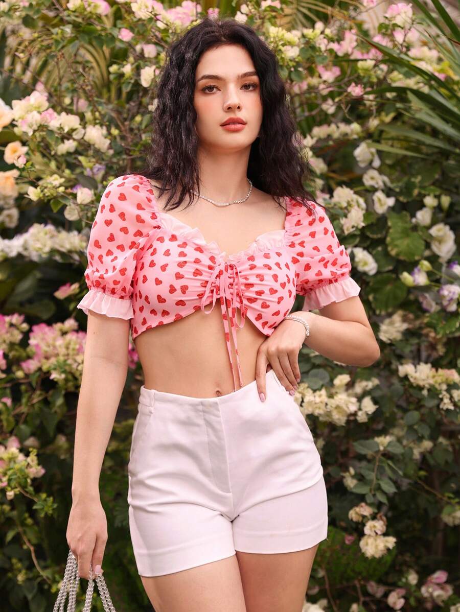 GENKIRA Blusa con estampado de corazones franceses dulces y mangas abullonadas con volantes para mujeres - Multicolor - Ver 1