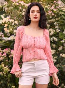 Aveloria Willekeurig Geprint Klokmouwen Cropped Blouses