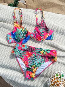 Swim Lushoire Bộ bikini có gọng đệm in họa tiết cây nhiệt đới dành cho nữ mùa hè - Nhiều màu - Xem 3