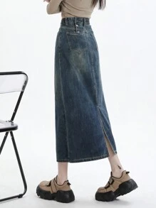 女款休閒時尚中長款牛仔裙配開叉款式 - 藍色 - 查看 1