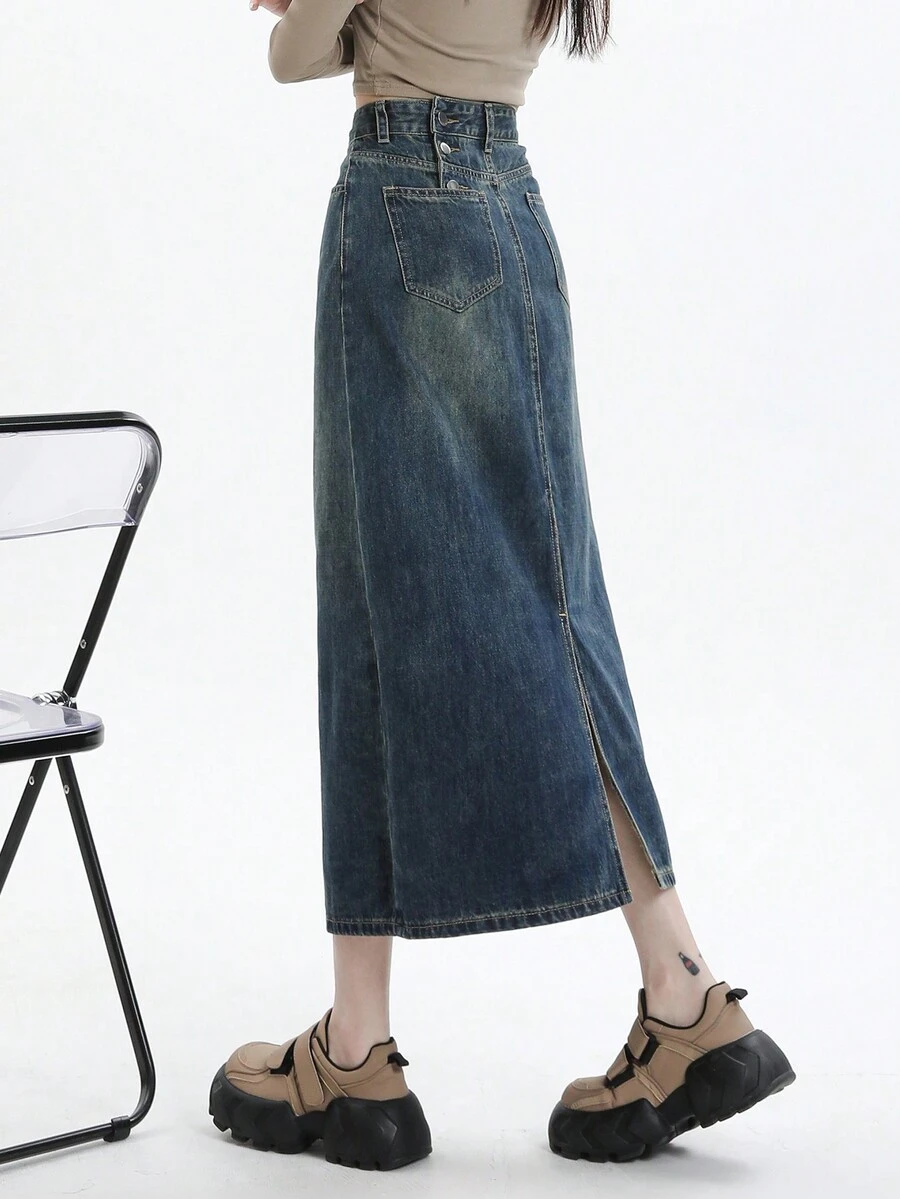 女款休閒時尚中長款牛仔裙配開叉款式 - 藍色 - 查看 1