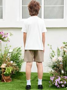 SHEIN 2pcs/Set Loose Fit Elegant 2 In 1 Short Sleeve Shirt And Shorts Set For Tween Boy - Khaki - View 3