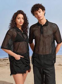 Manfinity VCAY 針織空心針織露肩短袖polo衫 - 杏色 - 查看 1