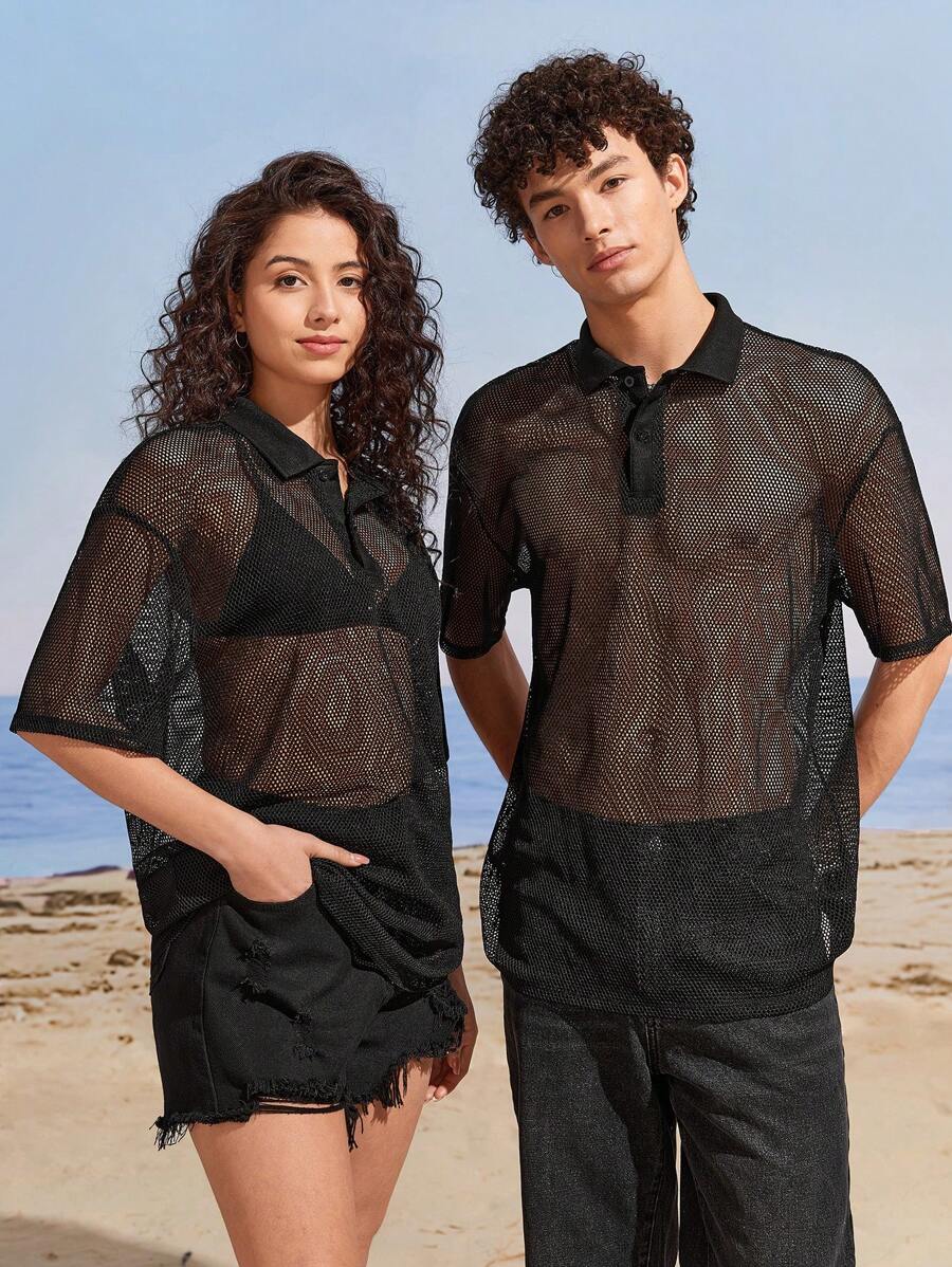 Manfinity VCAY 針織空心針織露肩短袖polo衫 - 杏色 - 查看 1