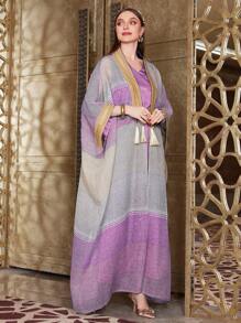 Al Najma 女性彩色阿拉伯長袍裙和配套連衣裙套裝,搭配編織紋理 - 淡紫色 - 查看 4