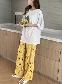 DAZY 可爱卡通印花宽松白色上衣和裤子睡衣套装夏季 - 白色 - 查看 6