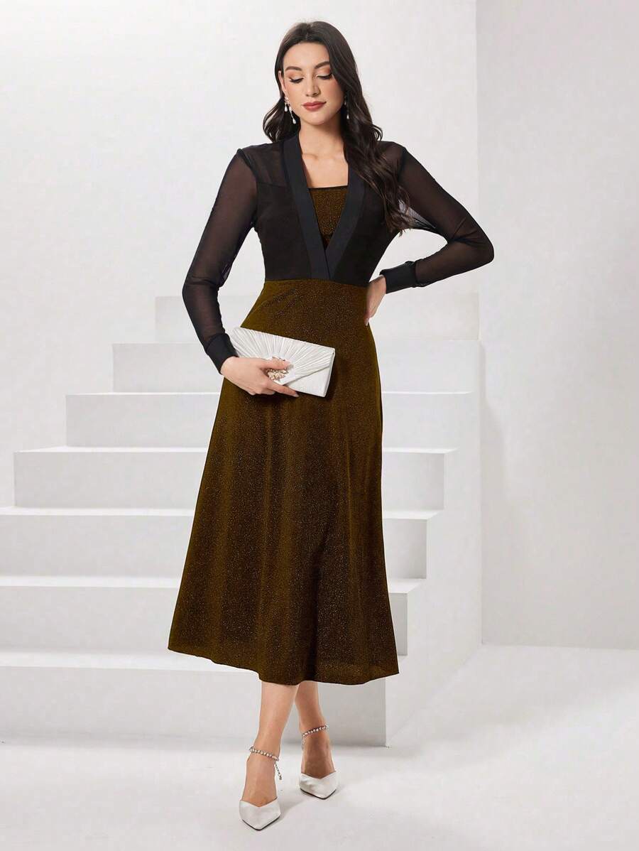 Modelyn Contrast Mesh Cinching Waist Casual Dress - Champagne - View 1