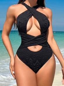 SHEIN Swim Maillot de bain une pièce ajusté slim avec découpes de couleur unie pour l'été