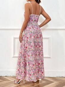 SHEIN Unity 女士花卉印花细肩带连衣裙 长款女士装 粉色花卉连衣裙 长款花卉连衣裙 - 玫紅色 - 查看 2