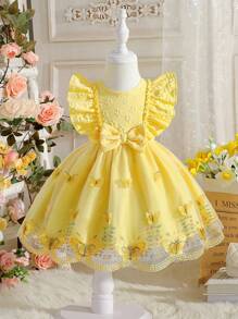 SHEIN Glamorique Kids Vestido Elegante Con Malla, Lazo, Volantes Y Patrones Jacquard Para Bebé Niña