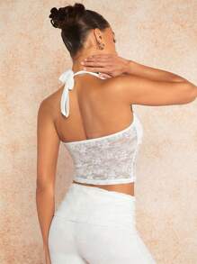 SHEIN BAE 夏季海滩度假露背蕾丝上衣、可爱夏季上衣、比基尼上衣、音乐节服装 - 白色 - 查看 2