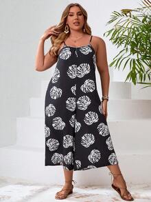 SHEIN VCAY Plus Size Plant Printed Sleeveless Wide Leg Jumpsuit - Multicolor - View 3