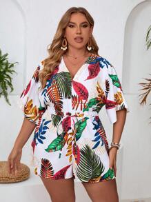 SHEIN VCAY Plus Size Women's Tropical Plant Printed Ruffle Short Sleeve Jumpsuit - Multicolor - View 3