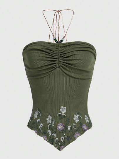 Fairycore Top halter con estampado floral fruncido