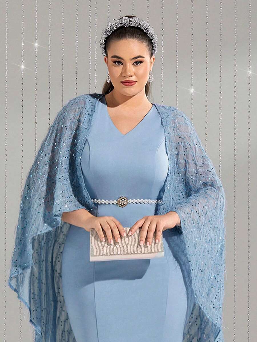 Modelyn Kích thước lớn Cổ chữ V Cape Phong cách Đuôi cá Đầm Không có Eo Thắt lưng - Màu xanh bụi bặm - Xem 1