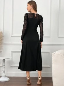 Modelyn Vestido feminino com decote redondo e contraste de renda e manga gigot, roupa maxi feminina, vestidos longos de noite - Preto - Ver 2