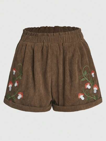 Fairycore Plus Mushroom Embroidery Corduroy Shorts