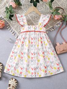 SHEIN Young Girl Casual Rabbit Pattern Printed Square Neck Flutter Sleeve Dress For Spring And Summer - White - View 2
