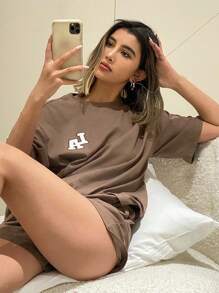 Livesso Conjunto de ropa informal de verano con top holgado y pantalones cortos con estampado de letras
