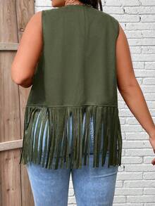 Calvaya Kích thước lớn Của phụ nữ Viền tua Không tay Áo vest Với Vá lại Thiết kế - xanh quân đội - Xem 2