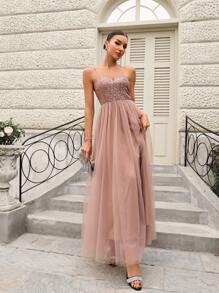 SHEIN Belle Elegant Bridesmaid Dress With Sequins Cutout Neckline Formal Evening Prom Wedding Guest Gown, For Graduation, Dinner - Champagne - View 4