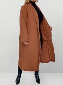 SHEIN Unity Plus Size Women's Solid Color Lapel Jacket, Casual Long Sleeve Pocket Coat For Spring And Autumn - Brown - View 5