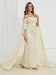 Women's Off-Shoulder Sequin Patchwork Mermaid Dress - Apricot - View 2
