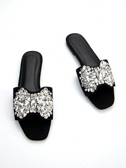 Ladies' Gorgeous Shiny Butterfly Rhinestone Decorated Black Suede Square-Toed Stylish Comfortable Party Flat Sandals Valentines,Spring Summer Outfits
