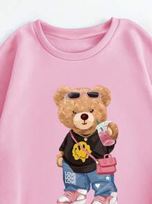 SHEIN 女式熊圖案印花圓領長袖運動連帽衣和運動長褲套裝 - 粉色 - 查看 5