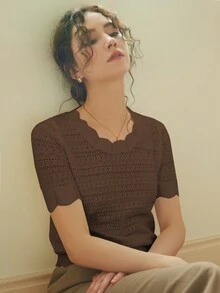 Knit Mix Elegant Women's Blouse, Distinctive Lace Trim Round Neck Hollow Out Short Sleeve Fitted T-Shirt, Suitable For Petite Figures, Solid Color, Casual/Work Appropriate, Spring/Summer Top, Subtle Vintage Cream Color, Back To School Spring/Summer Wear, Also Suitable For Casual Occasions Like Christmas, Thanksgiving And New Year. - Brown - View 3