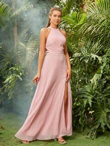 Backless Halter Neck Slit Front Bridesmaid Party Dress - Baby Pink - View 5