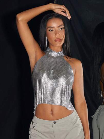 SHEIN BAE Top de camisola con detalle de lentejuelas de plata metálica de aluminio, con escote halter, sexy, adecuado para vacaciones de primavera/verano, fiestas, reuniones de solteros, citas, festivales de música, conciertos, discotecas