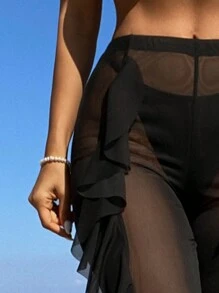 Breezaya Summer Beach Solid Color Ruffled Decor Loose Fit Pants Cover Up - Black - View 5