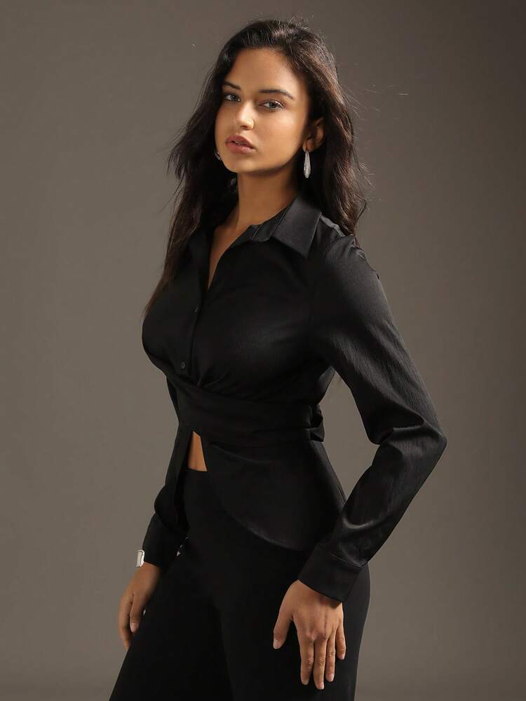 Buttoned Half Placket Solid Color Shirt With Back Ties