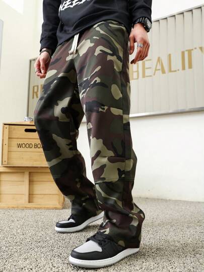 Herren-bundhose Mit Camouflage-print In Lockerer Passform, Elastischer Bund Und Zugband