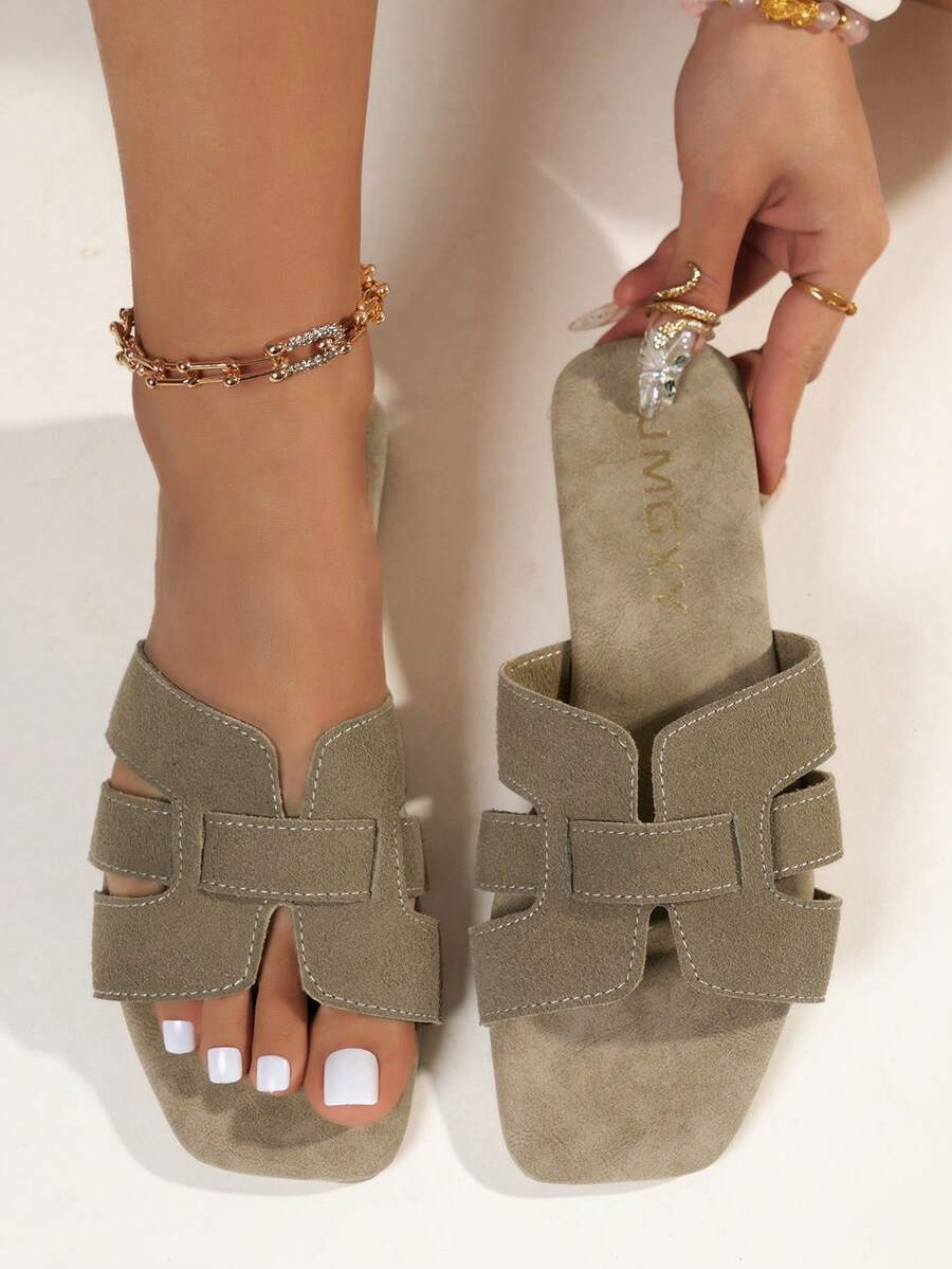 女士時尚夏季卡其色方頭仿麂皮涼鞋,舒適平底鞋,適合海灘、旅行和派對 - 卡其色 - 查看 1
